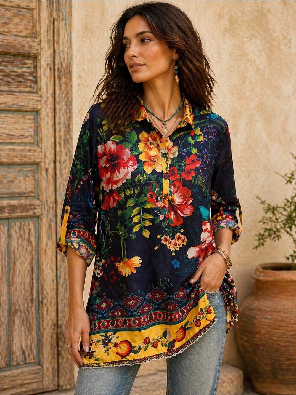 Johnny Was Silk Floral Tunic Blouse Boho Festival Top XS Lagenlook Artsy  Resort